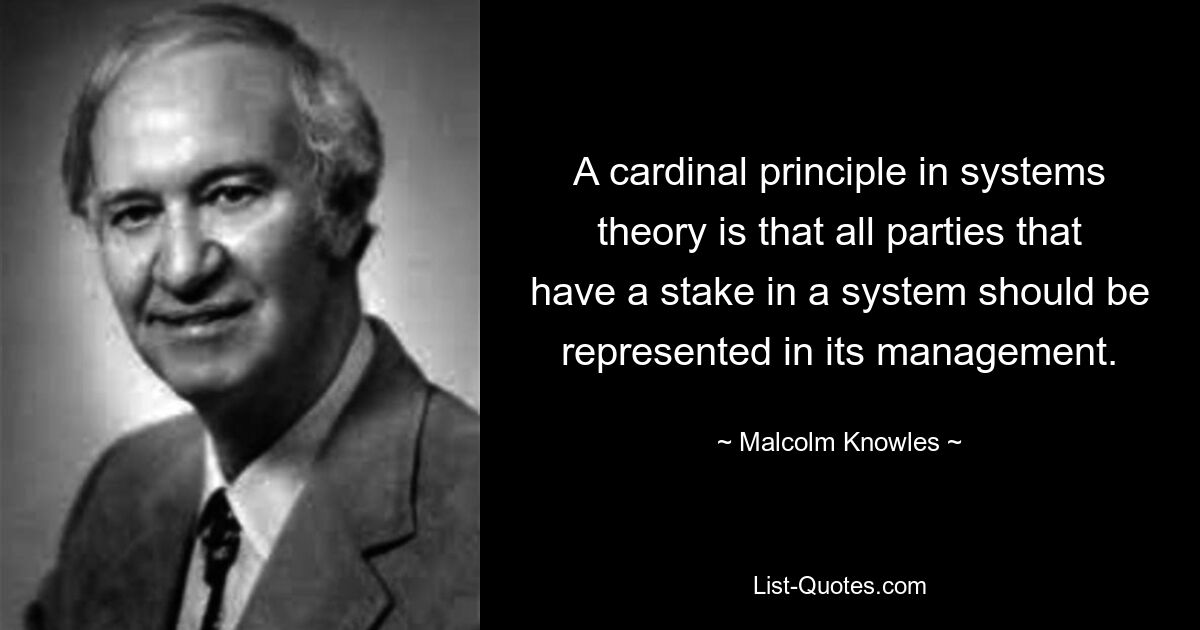 A cardinal principle in systems theory is that all parties that have a stake in a system should be represented in its management. — © Malcolm Knowles