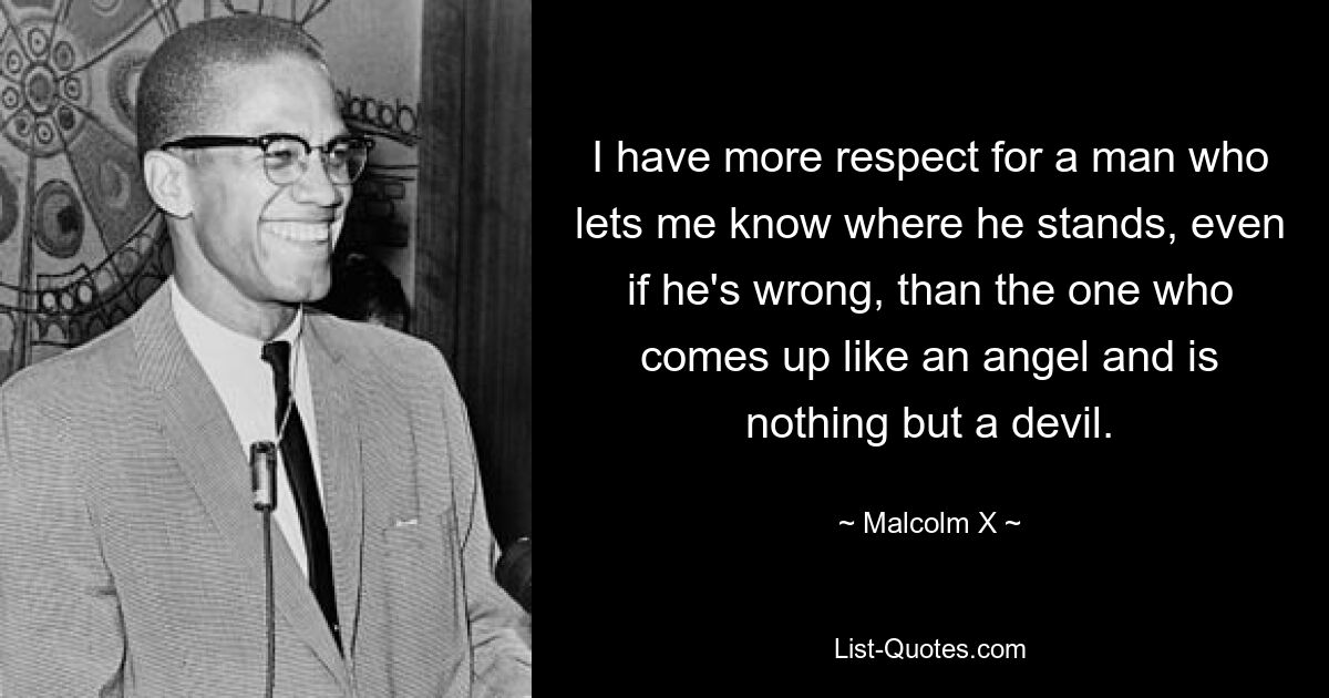 I have more respect for a man who lets me know where he stands, even if he's wrong, than the one who comes up like an angel and is nothing but a devil. — © Malcolm X