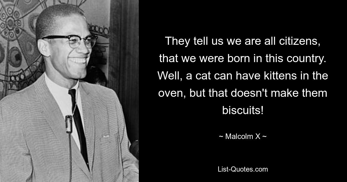 They tell us we are all citizens, that we were born in this country. Well, a cat can have kittens in the oven, but that doesn't make them biscuits! — © Malcolm X