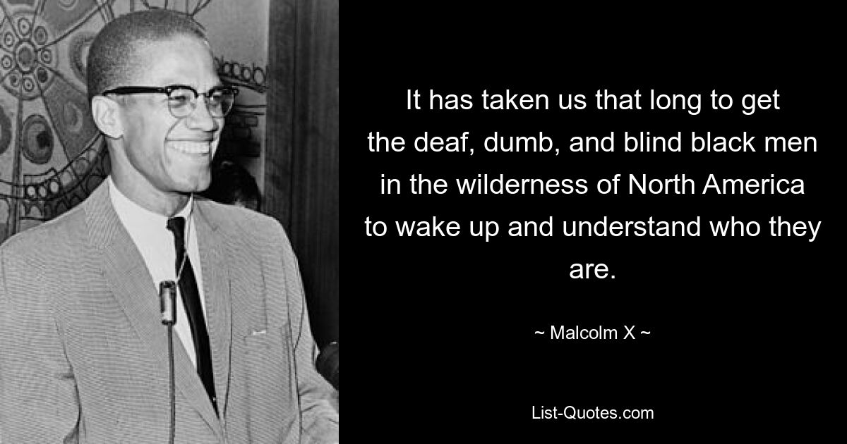 It has taken us that long to get the deaf, dumb, and blind black men in the wilderness of North America to wake up and understand who they are. — © Malcolm X