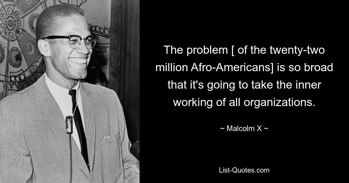 The problem [ of the twenty-two million Afro-Americans] is so broad that it's going to take the inner working of all organizations. — © Malcolm X