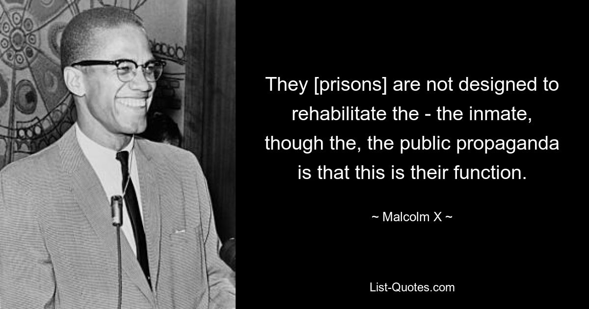 They [prisons] are not designed to rehabilitate the - the inmate, though the, the public propaganda is that this is their function. — © Malcolm X