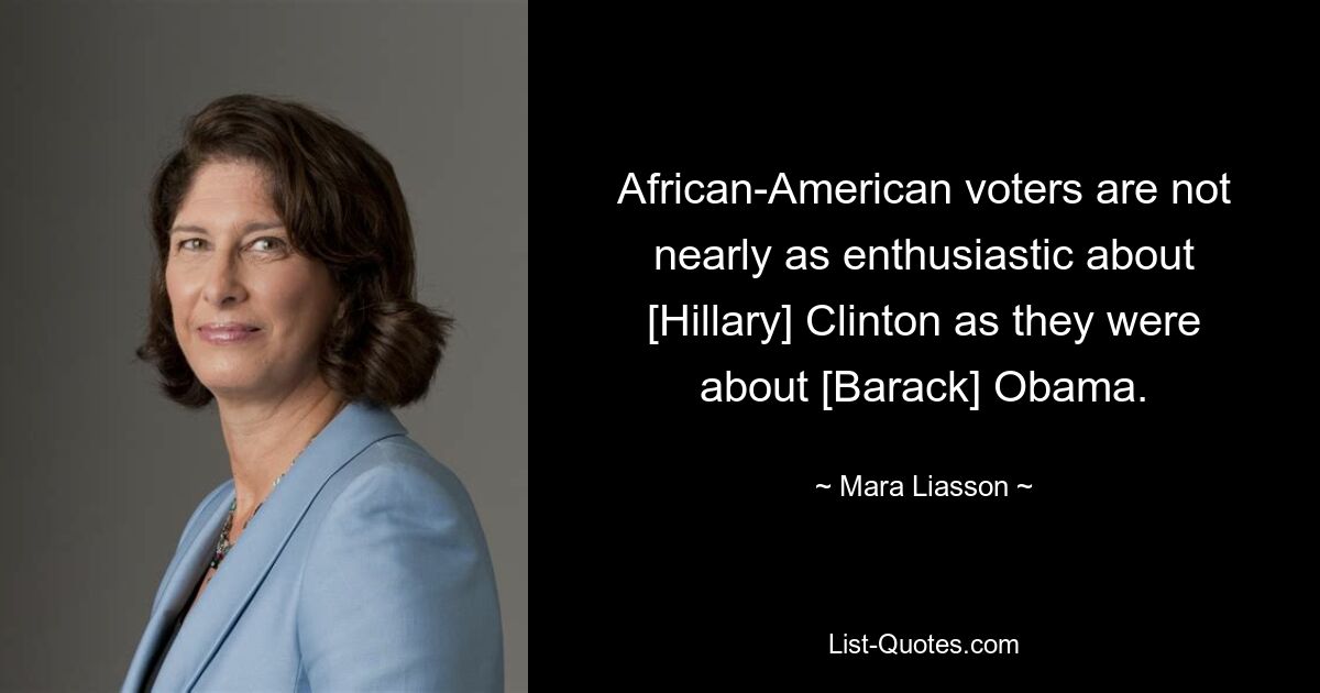 African-American voters are not nearly as enthusiastic about [Hillary] Clinton as they were about [Barack] Obama. — © Mara Liasson