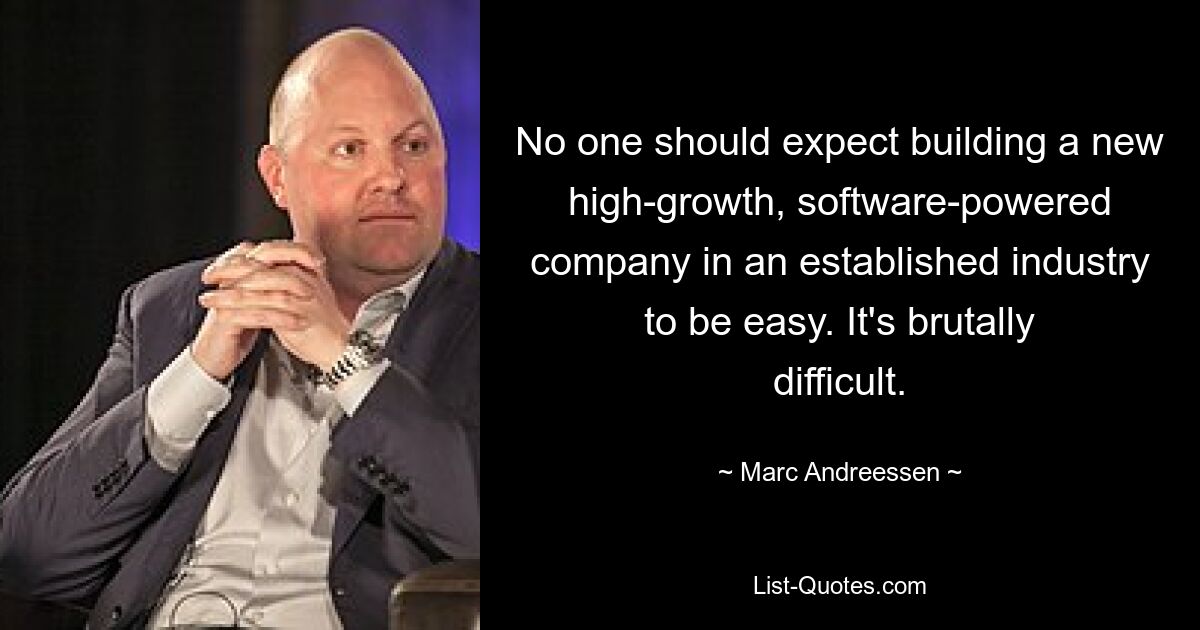 No one should expect building a new high-growth, software-powered company in an established industry to be easy. It's brutally difficult. — © Marc Andreessen