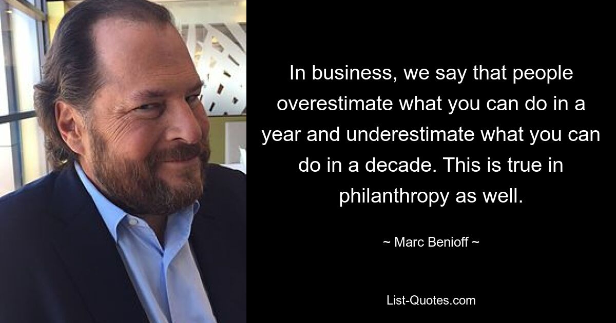 In business, we say that people overestimate what you can do in a year and underestimate what you can do in a decade. This is true in philanthropy as well. — © Marc Benioff