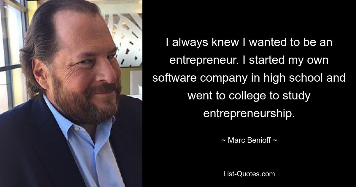 I always knew I wanted to be an entrepreneur. I started my own software company in high school and went to college to study entrepreneurship. — © Marc Benioff