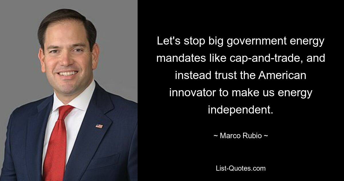 Let's stop big government energy mandates like cap-and-trade, and instead trust the American innovator to make us energy independent. — © Marco Rubio