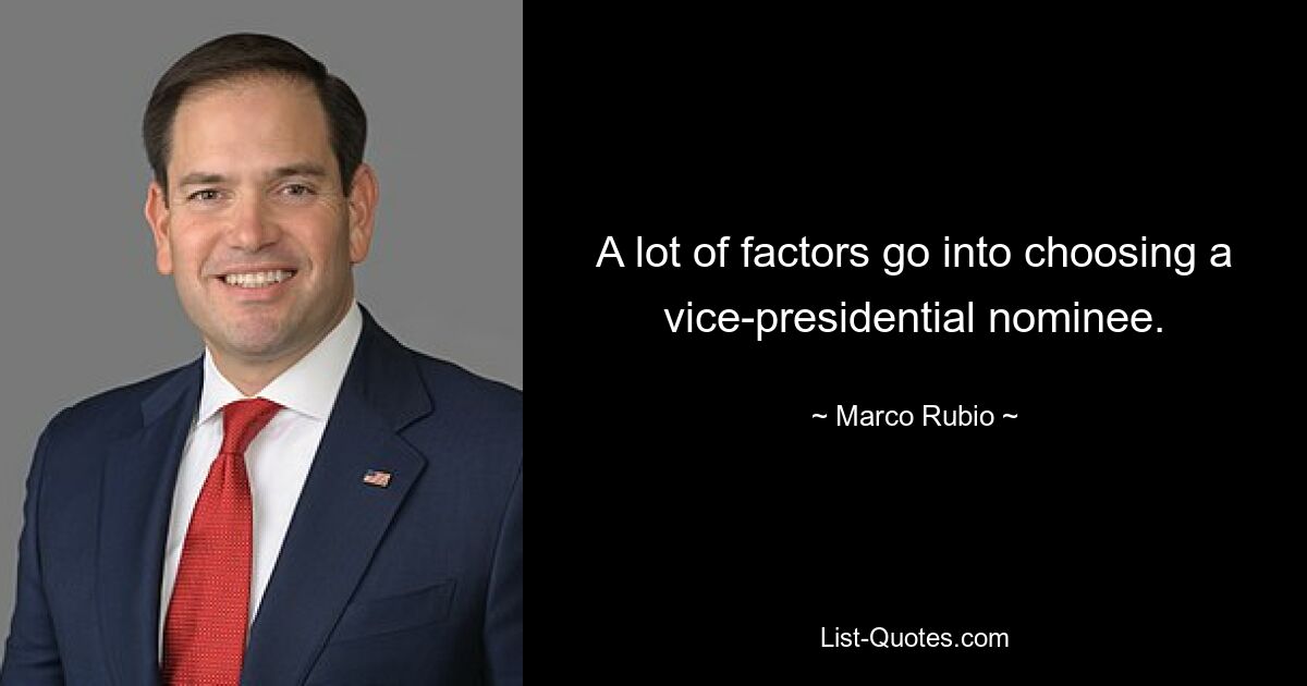 A lot of factors go into choosing a vice-presidential nominee. — © Marco Rubio