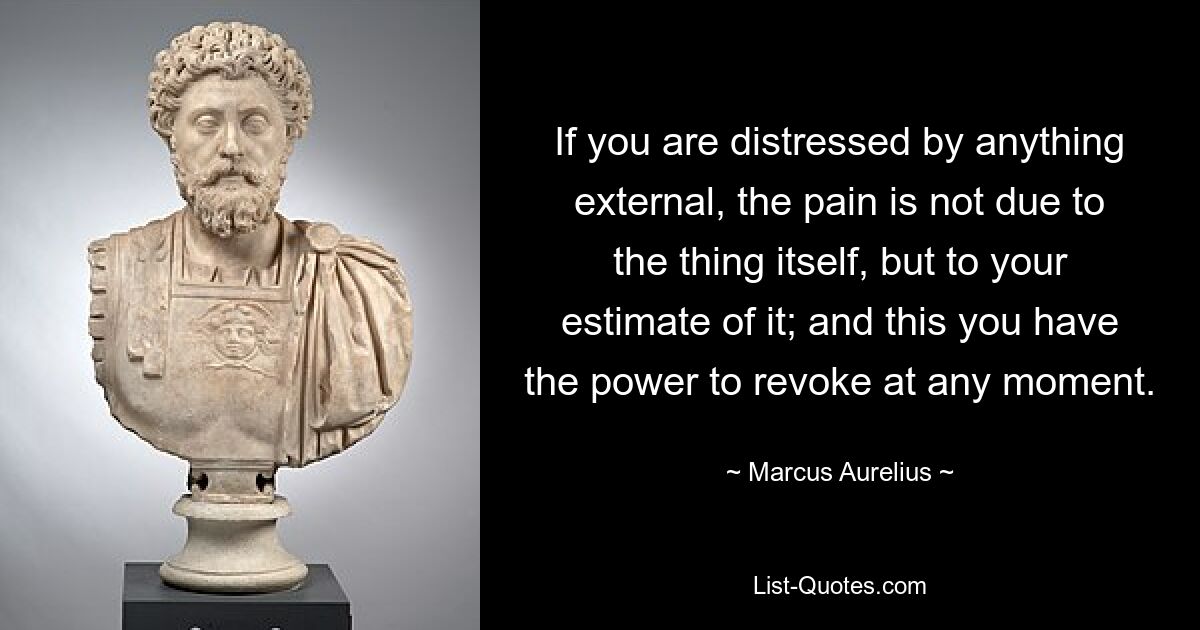 Wenn Sie durch etwas Äußerliches beunruhigt sind, liegt der Schmerz nicht an der Sache selbst, sondern an Ihrer Einschätzung davon; Sie können dies jederzeit widerrufen. — © Marcus Aurelius 