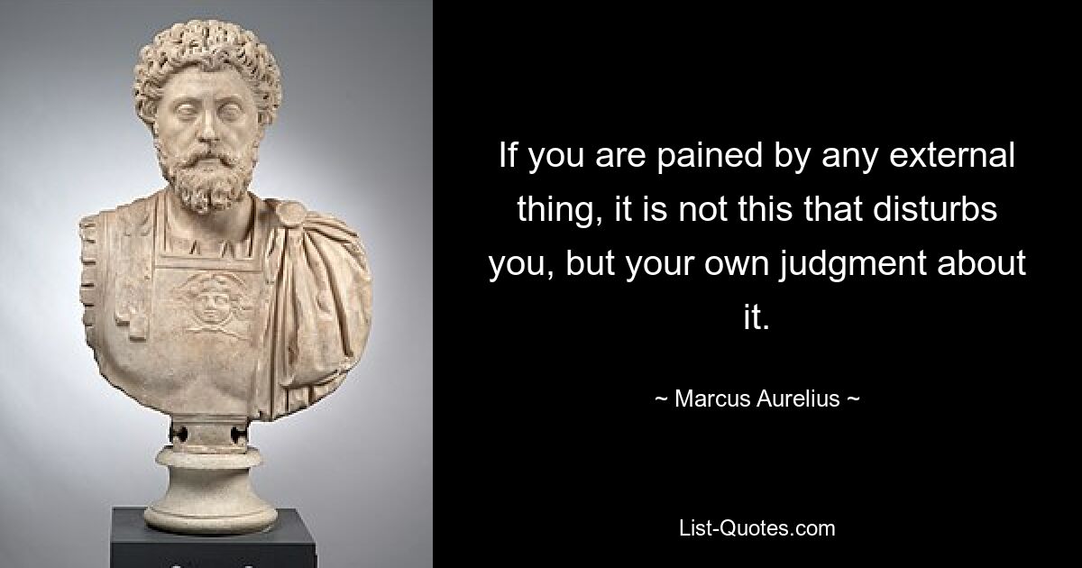 If you are pained by any external thing, it is not this that disturbs you, but your own judgment about it. — © Marcus Aurelius