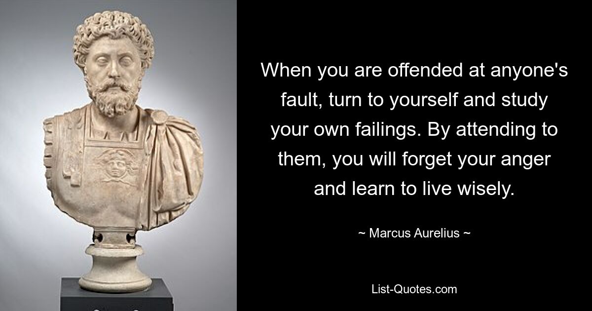 When you are offended at anyone's fault, turn to yourself and study your own failings. By attending to them, you will forget your anger and learn to live wisely. — © Marcus Aurelius