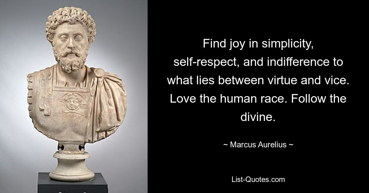 Find joy in simplicity, self-respect, and indifference to what lies between virtue and vice. Love the human race. Follow the divine. — © Marcus Aurelius