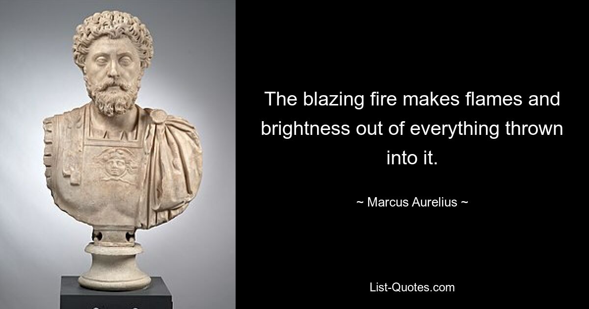 The blazing fire makes flames and brightness out of everything thrown into it. — © Marcus Aurelius