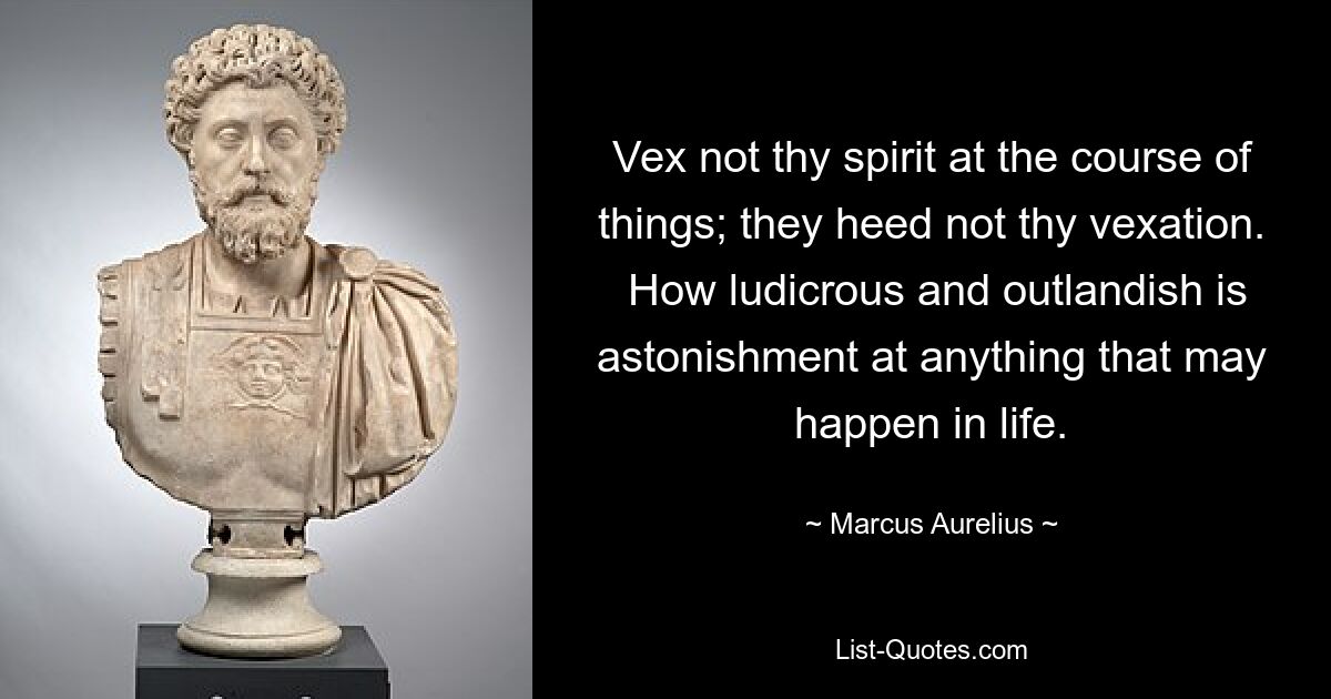 Vex not thy spirit at the course of things; they heed not thy vexation.  How ludicrous and outlandish is astonishment at anything that may happen in life. — © Marcus Aurelius