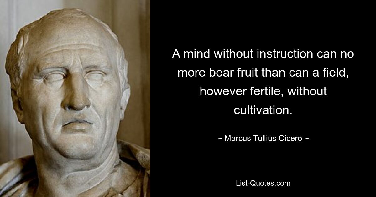 A mind without instruction can no more bear fruit than can a field, however fertile, without cultivation. — © Marcus Tullius Cicero