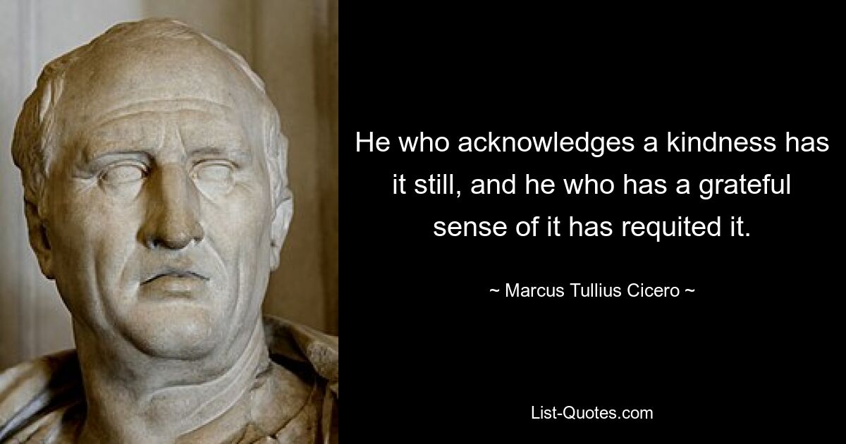 He who acknowledges a kindness has it still, and he who has a grateful sense of it has requited it. — © Marcus Tullius Cicero