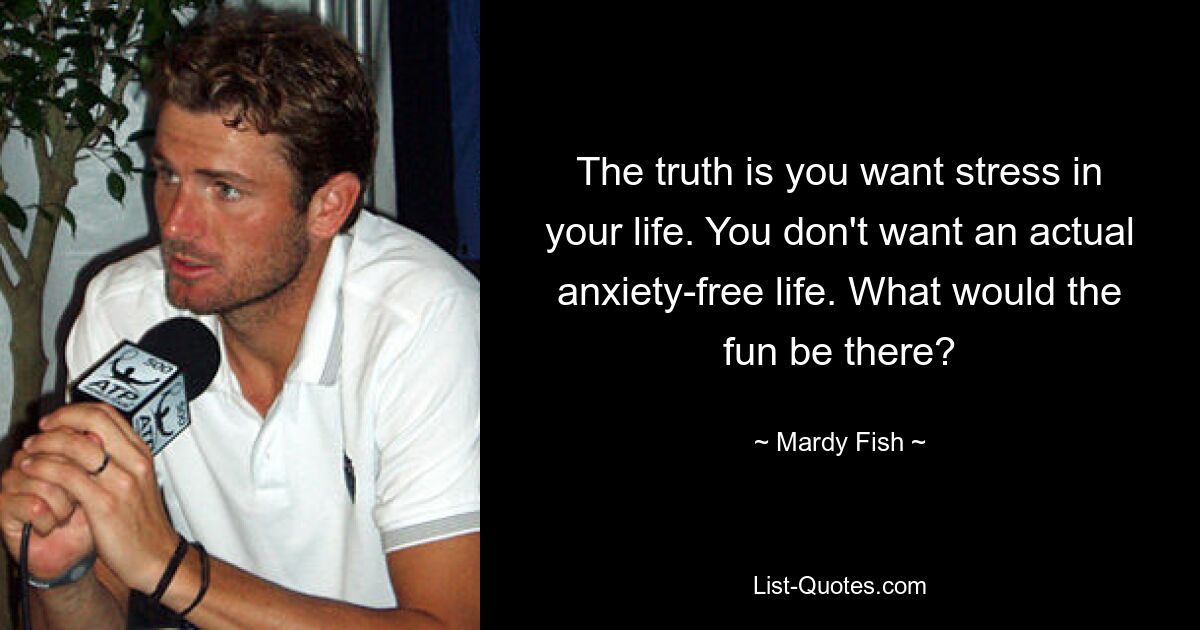 The truth is you want stress in your life. You don't want an actual anxiety-free life. What would the fun be there? — © Mardy Fish