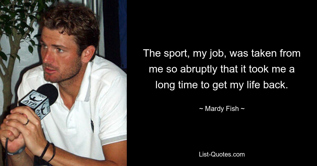 The sport, my job, was taken from me so abruptly that it took me a long time to get my life back. — © Mardy Fish