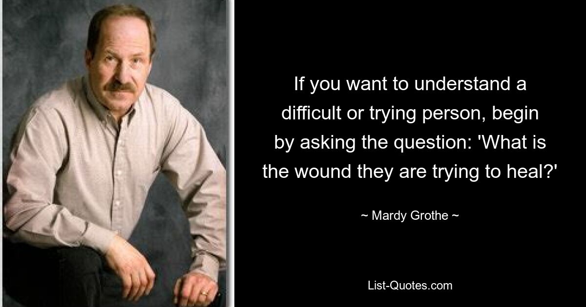 If you want to understand a difficult or trying person, begin by asking the question: 'What is the wound they are trying to heal?' — © Mardy Grothe