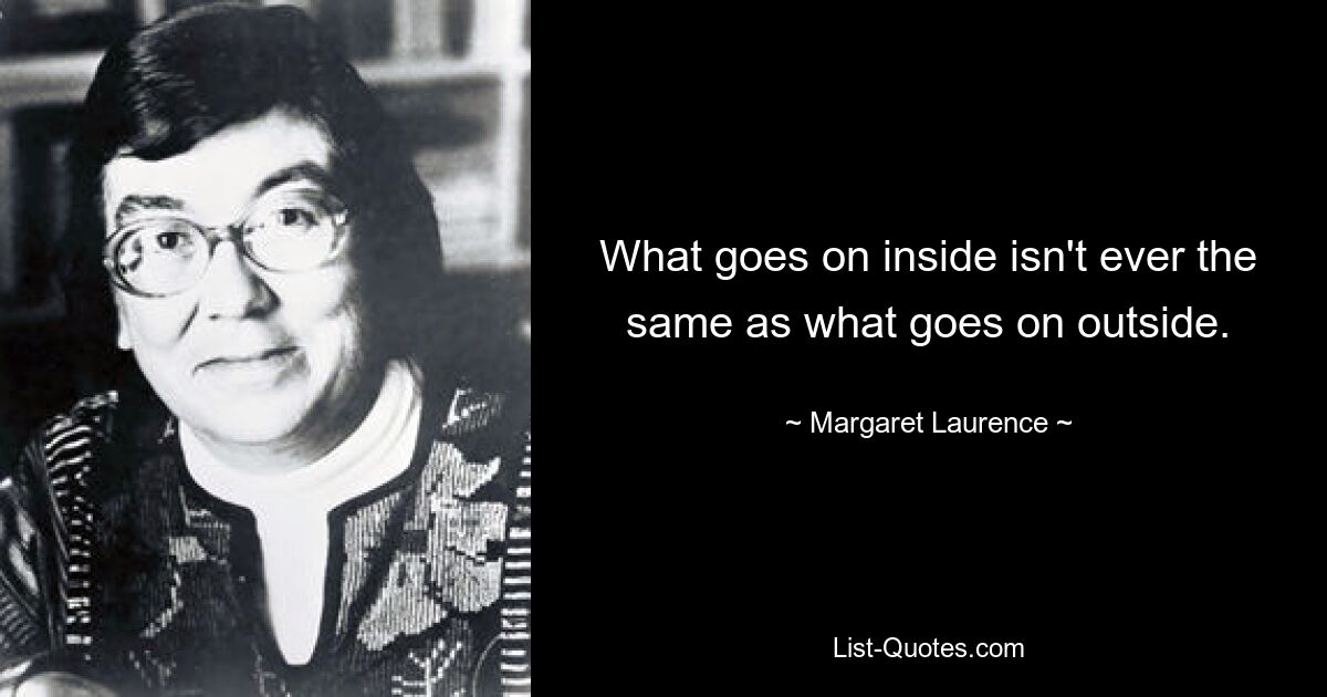 What goes on inside isn't ever the same as what goes on outside. — © Margaret Laurence