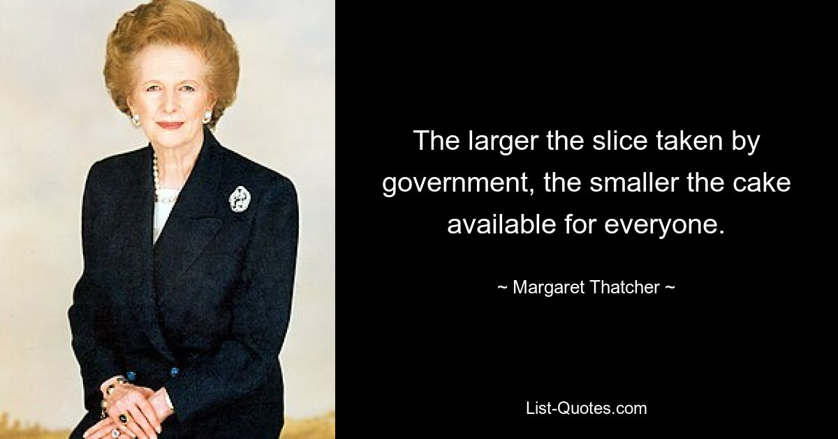 The larger the slice taken by government, the smaller the cake available for everyone. — © Margaret Thatcher