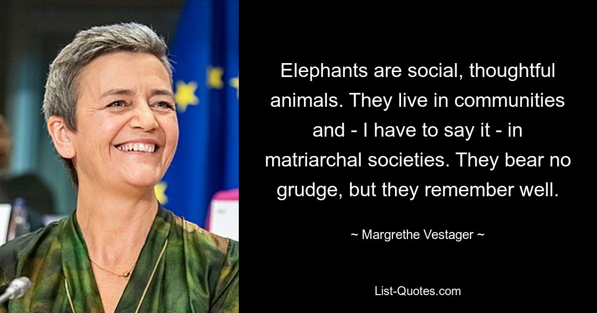 Elephants are social, thoughtful animals. They live in communities and - I have to say it - in matriarchal societies. They bear no grudge, but they remember well. — © Margrethe Vestager