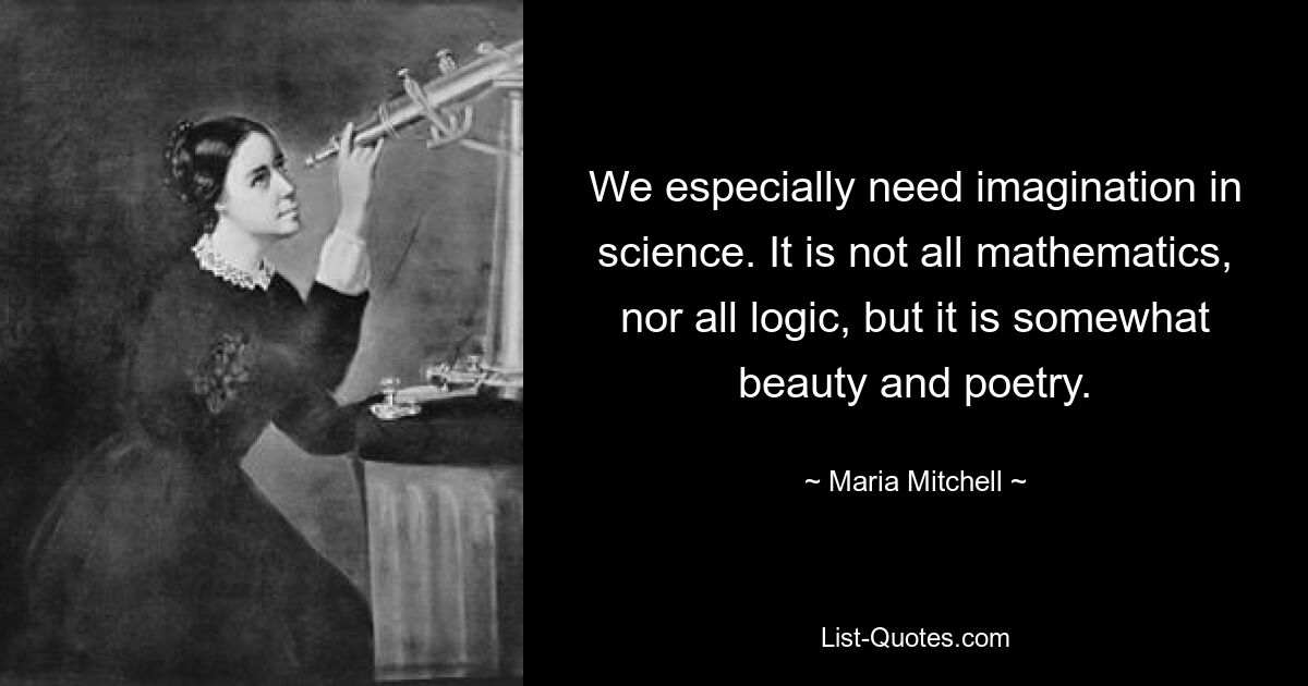 We especially need imagination in science. It is not all mathematics, nor all logic, but it is somewhat beauty and poetry. — © Maria Mitchell