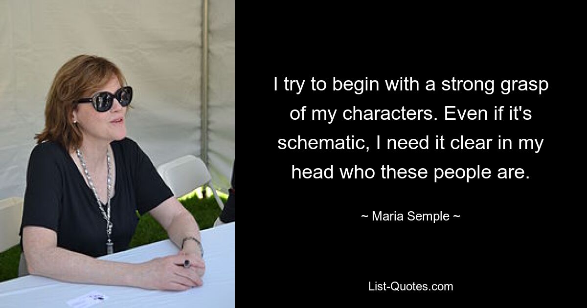 I try to begin with a strong grasp of my characters. Even if it's schematic, I need it clear in my head who these people are. — © Maria Semple