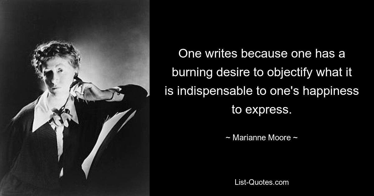 One writes because one has a burning desire to objectify what it is indispensable to one's happiness to express. — © Marianne Moore