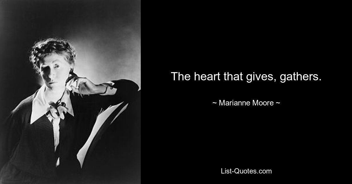 The heart that gives, gathers. — © Marianne Moore