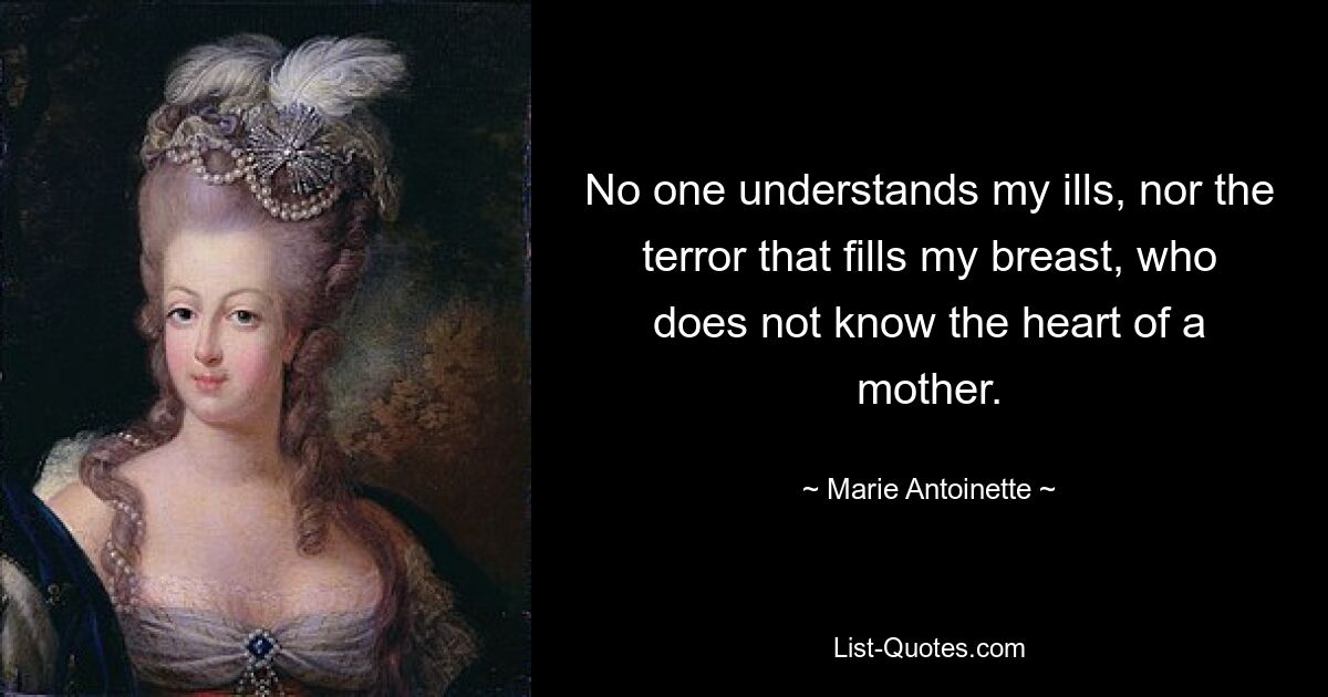 No one understands my ills, nor the terror that fills my breast, who does not know the heart of a mother. — © Marie Antoinette