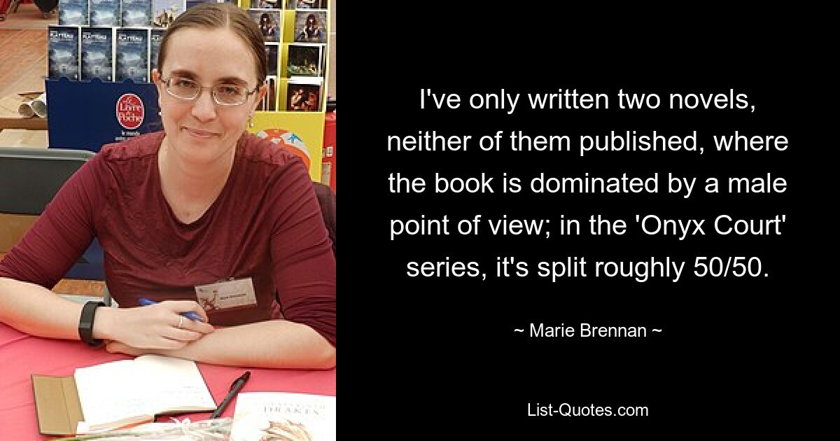 Я написал только два романа, ни один из них не был опубликован, в которых доминирует мужская точка зрения; в серии «Ониксовый двор» оно разделено примерно 50/50. — © Мари Бреннан 