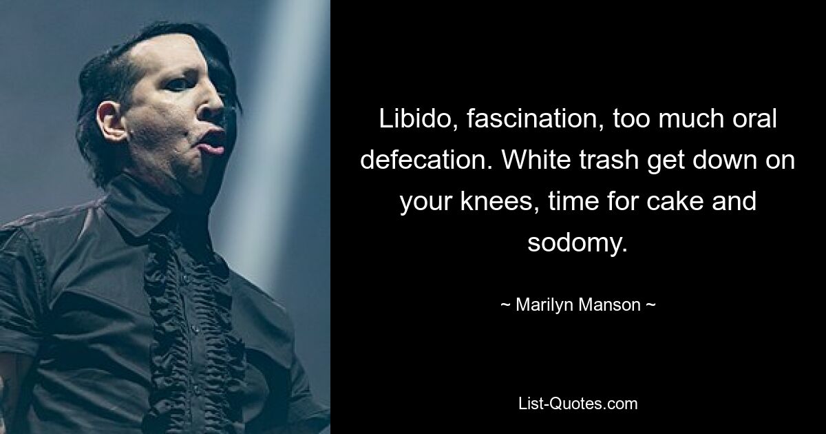 Libido, fascination, too much oral defecation. White trash get down on your knees, time for cake and sodomy. — © Marilyn Manson