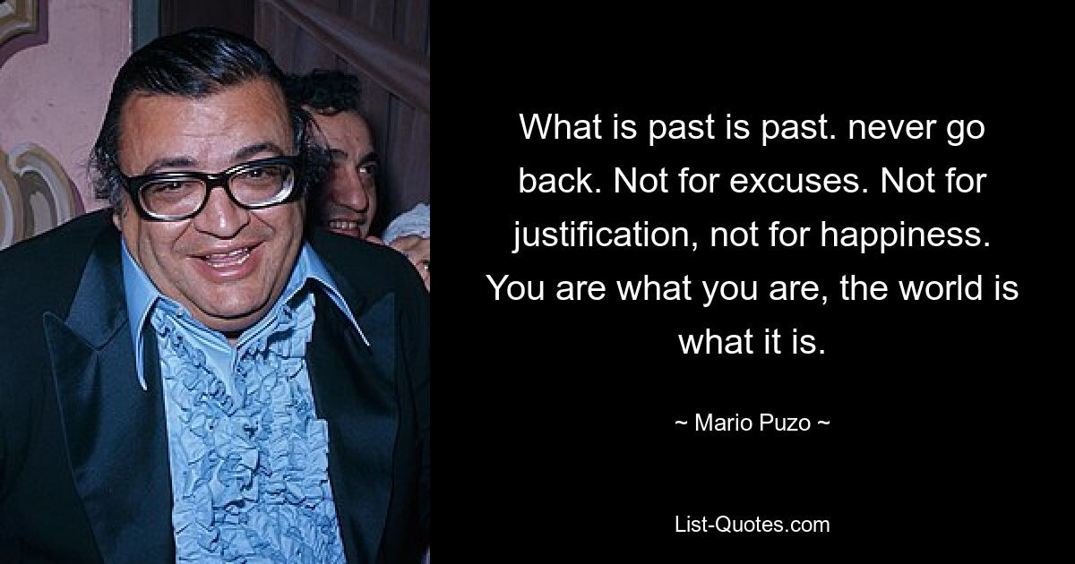 What is past is past. never go back. Not for excuses. Not for justification, not for happiness. You are what you are, the world is what it is. — © Mario Puzo