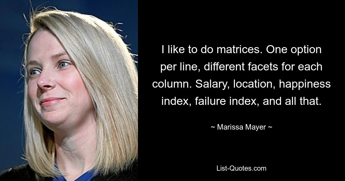 I like to do matrices. One option per line, different facets for each column. Salary, location, happiness index, failure index, and all that. — © Marissa Mayer