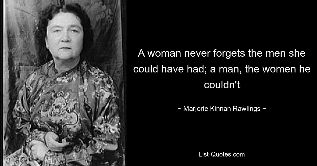 A woman never forgets the men she could have had; a man, the women he couldn't — © Marjorie Kinnan Rawlings