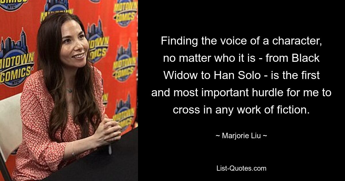 Finding the voice of a character, no matter who it is - from Black Widow to Han Solo - is the first and most important hurdle for me to cross in any work of fiction. — © Marjorie Liu