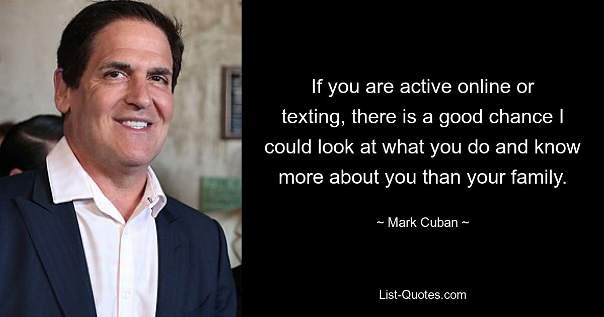 If you are active online or texting, there is a good chance I could look at what you do and know more about you than your family. — © Mark Cuban