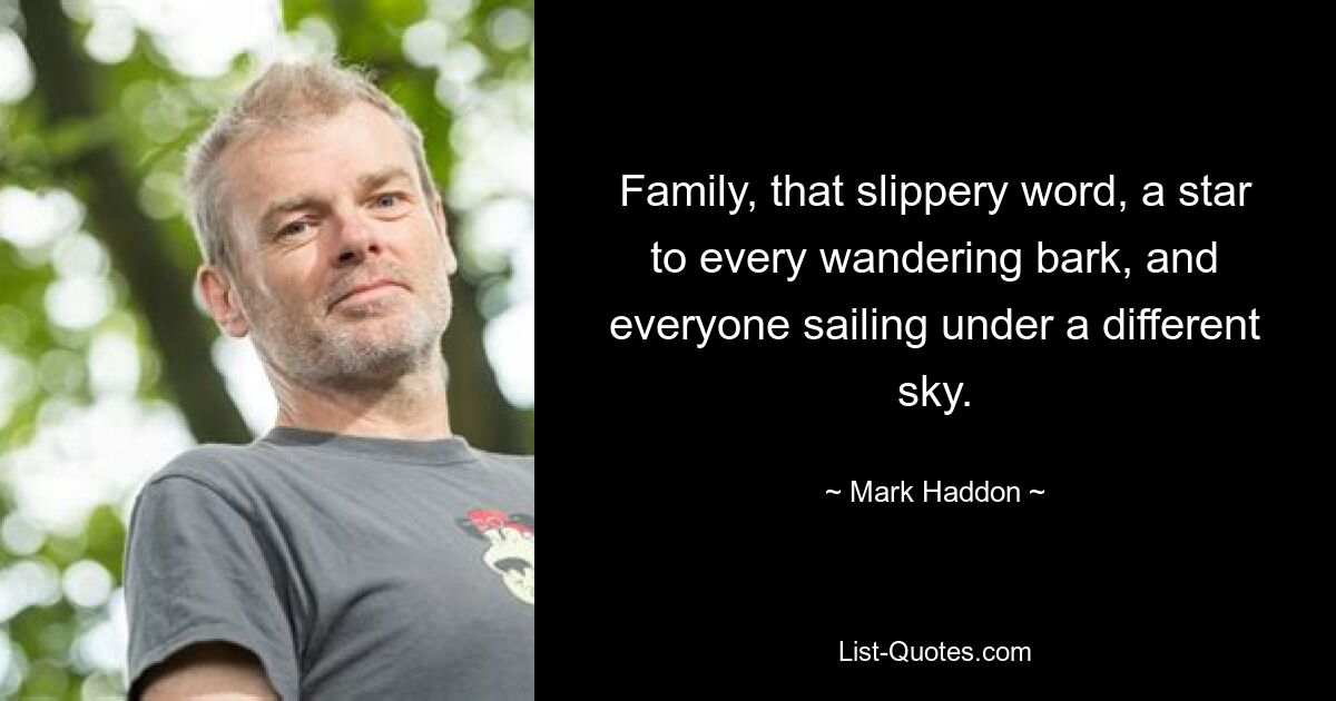 Family, that slippery word, a star to every wandering bark, and everyone sailing under a different sky. — © Mark Haddon