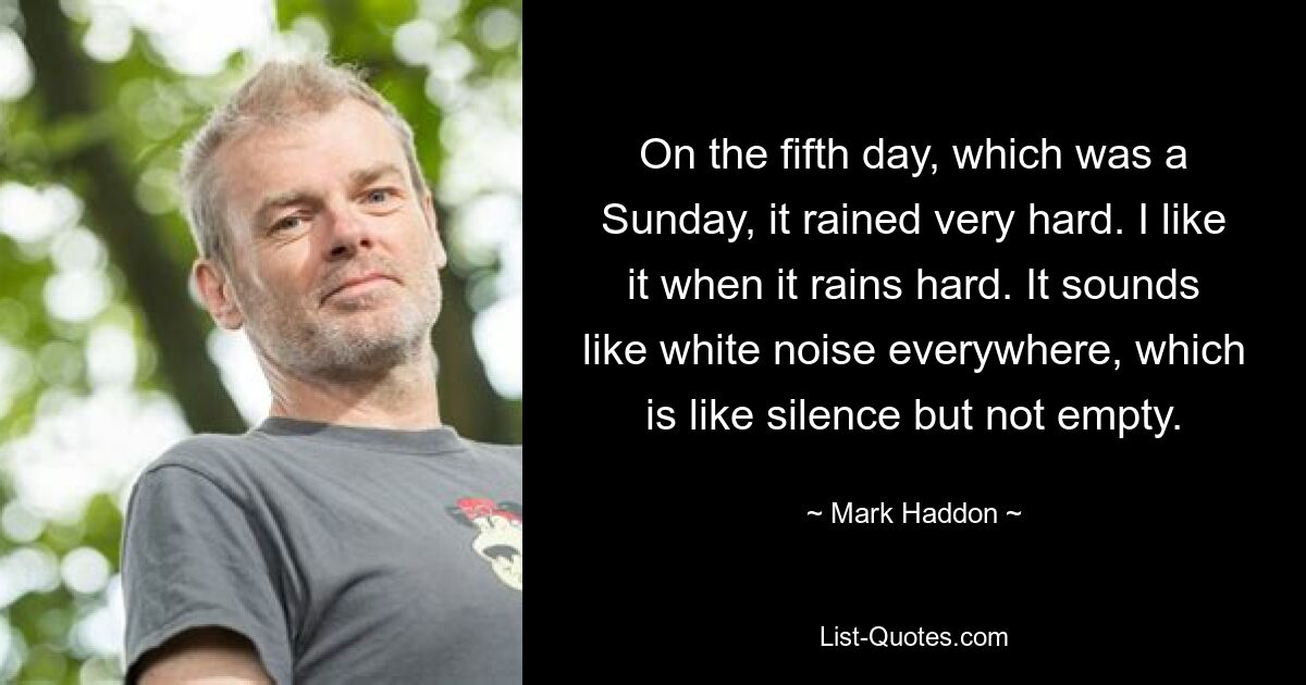 On the fifth day, which was a Sunday, it rained very hard. I like it when it rains hard. It sounds like white noise everywhere, which is like silence but not empty. — © Mark Haddon