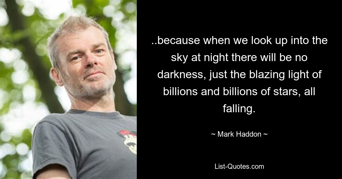 ..because when we look up into the sky at night there will be no darkness, just the blazing light of billions and billions of stars, all falling. — © Mark Haddon