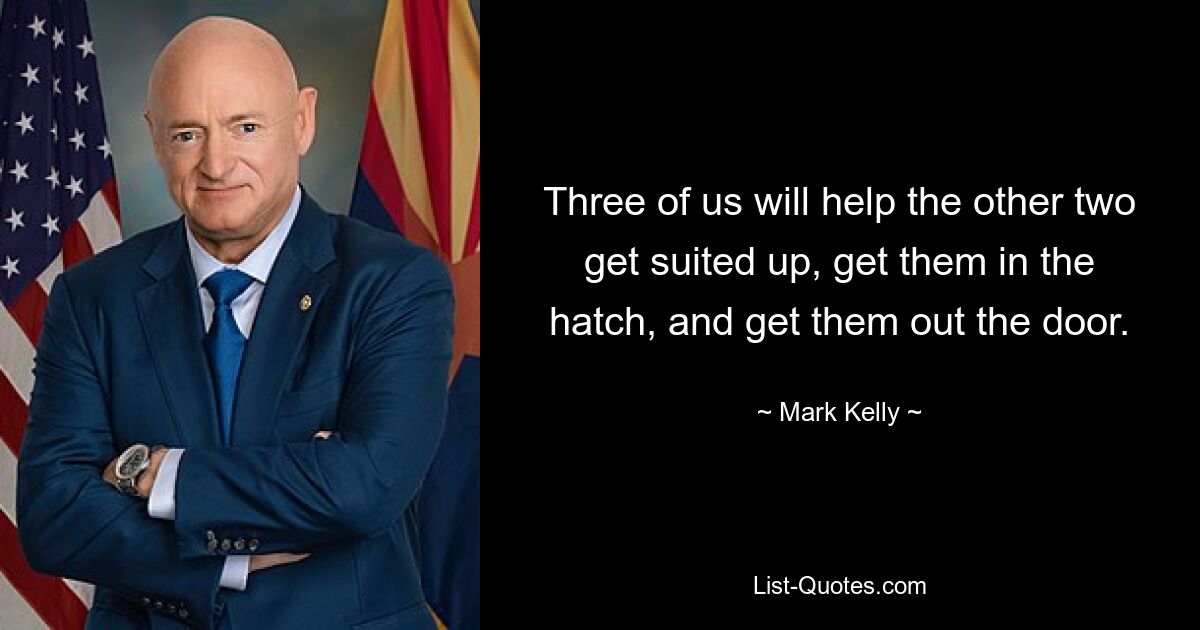 Three of us will help the other two get suited up, get them in the hatch, and get them out the door. — © Mark Kelly