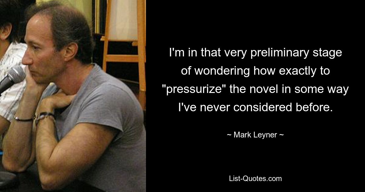 I'm in that very preliminary stage of wondering how exactly to "pressurize" the novel in some way I've never considered before. — © Mark Leyner