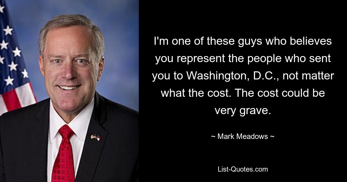 I'm one of these guys who believes you represent the people who sent you to Washington, D.C., not matter what the cost. The cost could be very grave. — © Mark Meadows