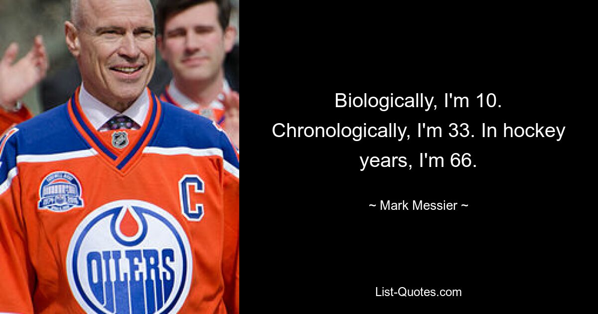 Biologically, I'm 10. Chronologically, I'm 33. In hockey years, I'm 66. — © Mark Messier