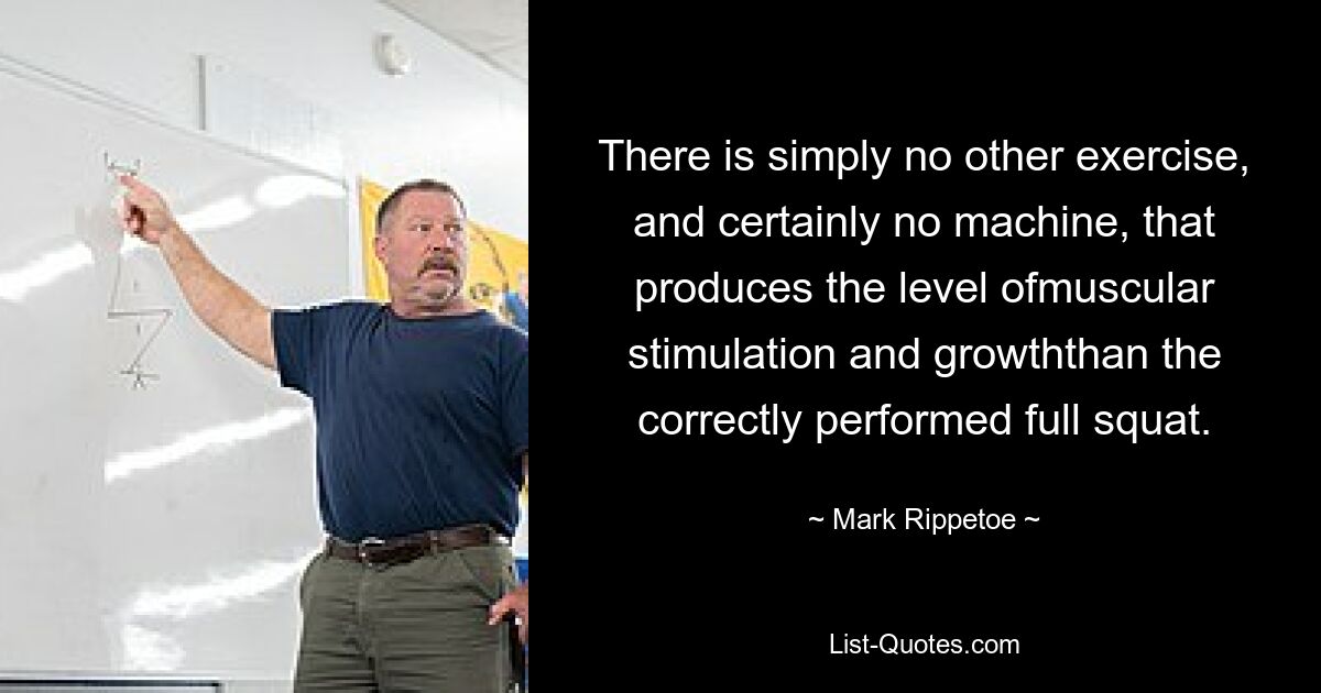 There is simply no other exercise, and certainly no machine, that produces the level ofmuscular stimulation and growththan the correctly performed full squat. — © Mark Rippetoe