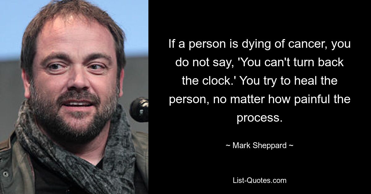 If a person is dying of cancer, you do not say, 'You can't turn back the clock.' You try to heal the person, no matter how painful the process. — © Mark Sheppard