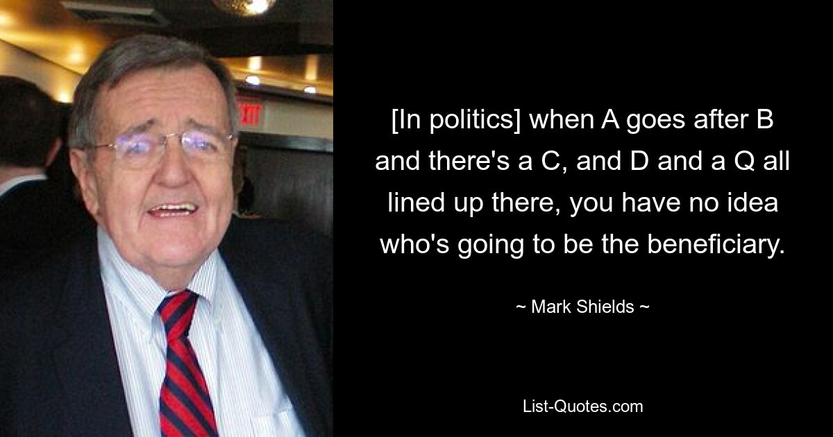 [In politics] when A goes after B and there's a C, and D and a Q all lined up there, you have no idea who's going to be the beneficiary. — © Mark Shields
