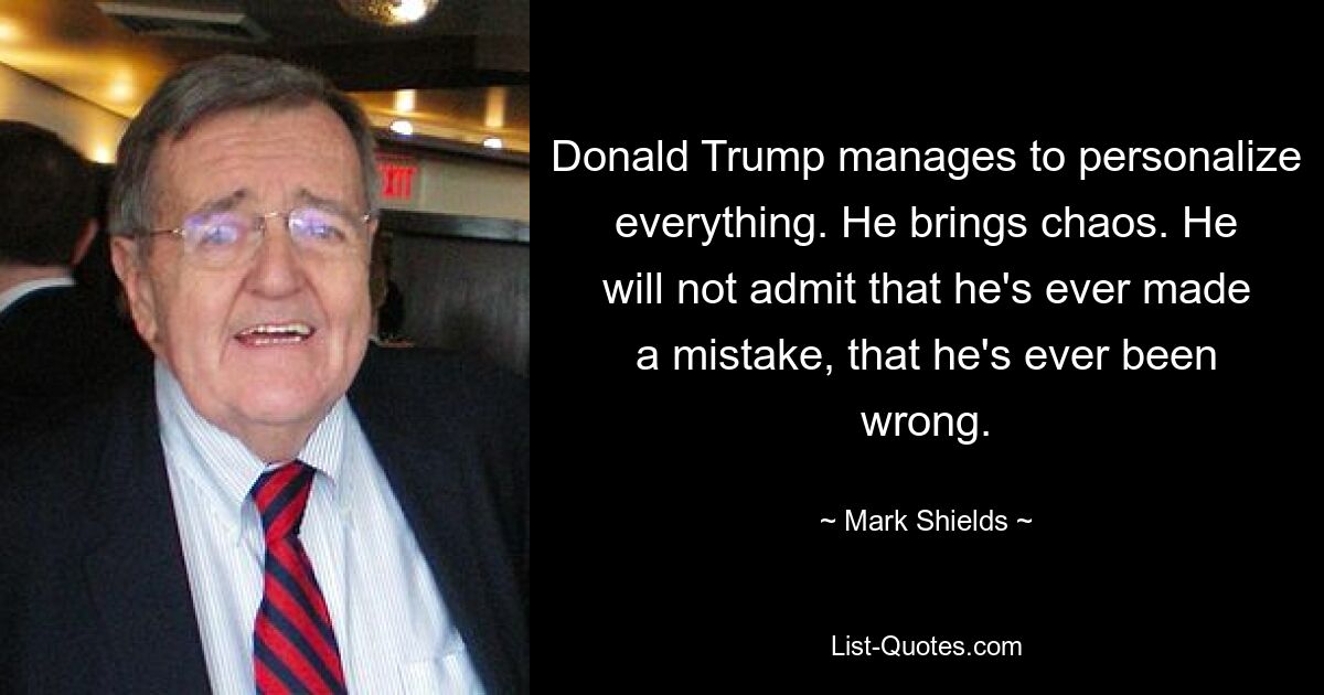 Donald Trump manages to personalize everything. He brings chaos. He will not admit that he's ever made a mistake, that he's ever been wrong. — © Mark Shields