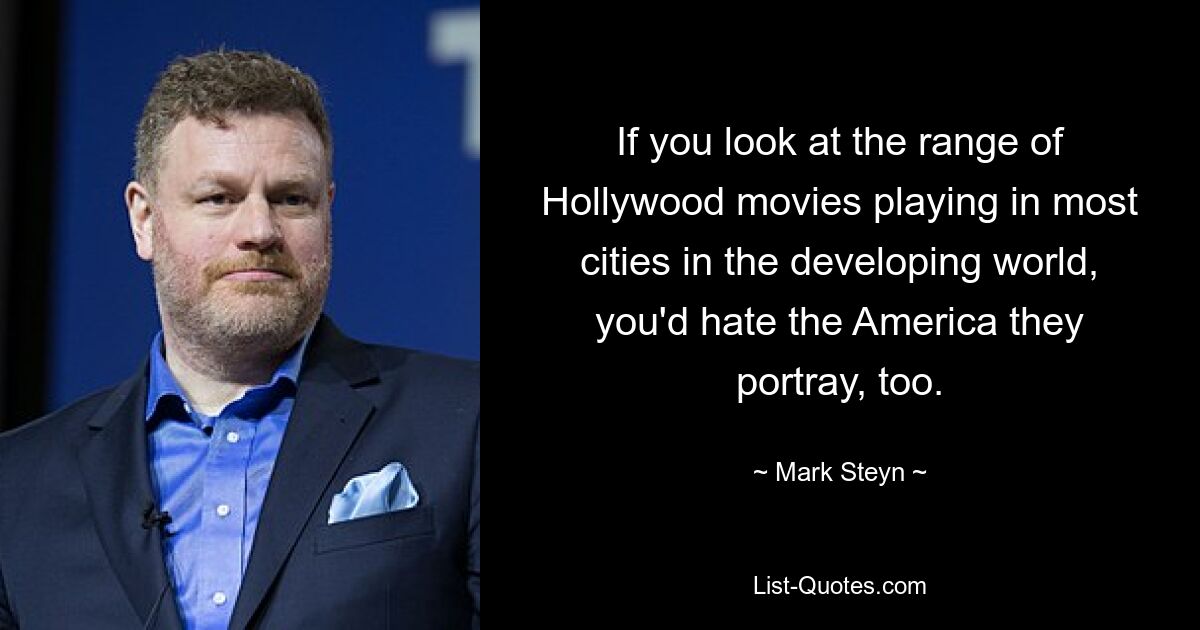 If you look at the range of Hollywood movies playing in most cities in the developing world, you'd hate the America they portray, too. — © Mark Steyn